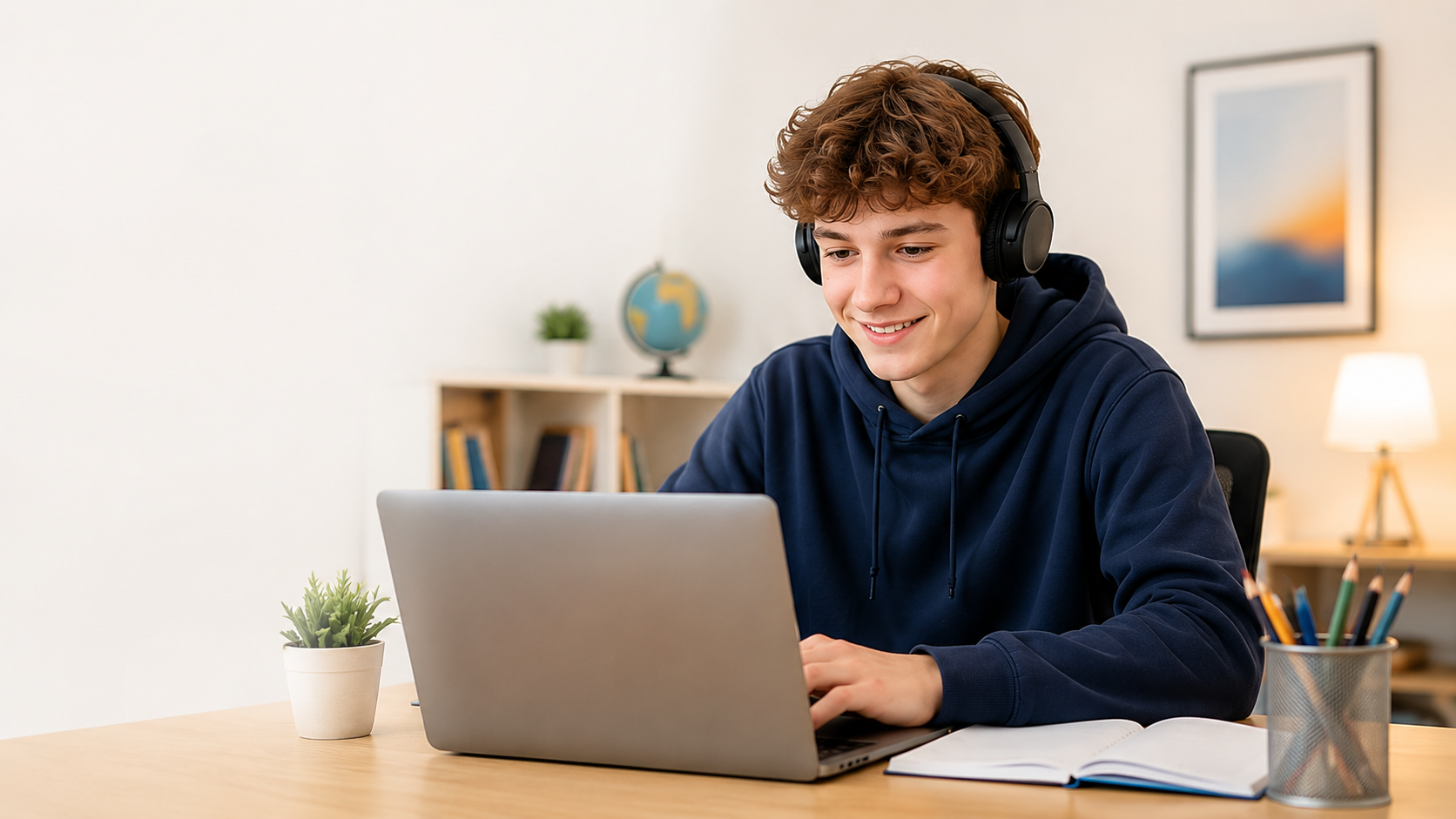 Nastolatek uczestniczący w zajęciach językowych online przy laptopie